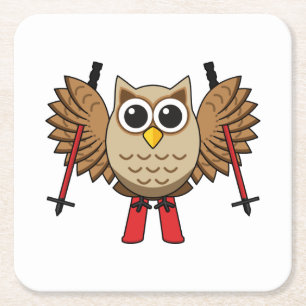 Cute Owl Skiing Cartoon Kartonnen Onderzetters