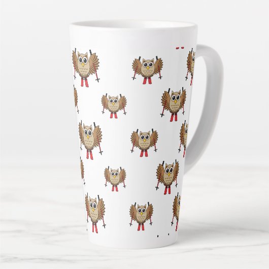 Cute Owl Skiing Cartoon Latte Mok (Rechterhoek)