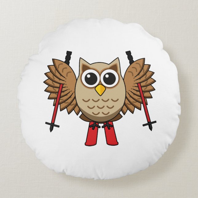 Cute Owl Skiing Cartoon Rond Kussen (Voorkant)