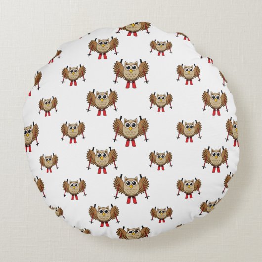 Cute Owl Skiing Cartoon Rond Kussen (Achterkant)