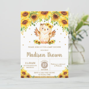 Cute Owl Sunflower Floral Baby shower Girl Kaart