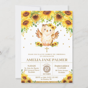 Cute Owl Sunflower Floral Christening Baptism Girl Kaart