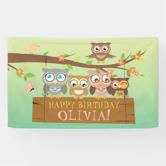 Cute owl verjaardagstanner spandoek (Horizontaal)