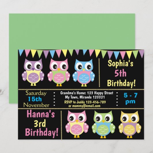 Cute Owl verjaardagsuitnodiging Kaart (Voorkant / Achterkant)