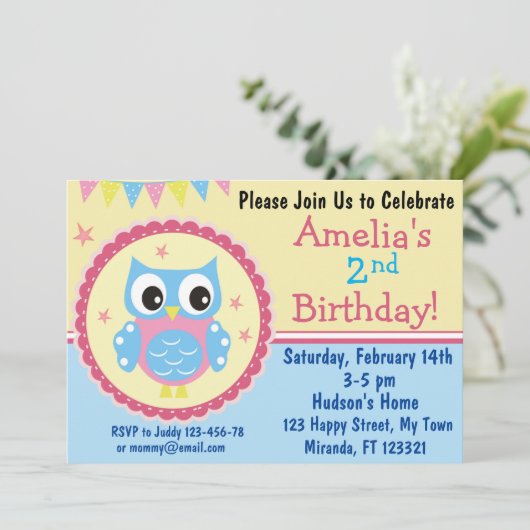 Cute owl verjaardagsuitnodiging kaart (Staand voorkant)