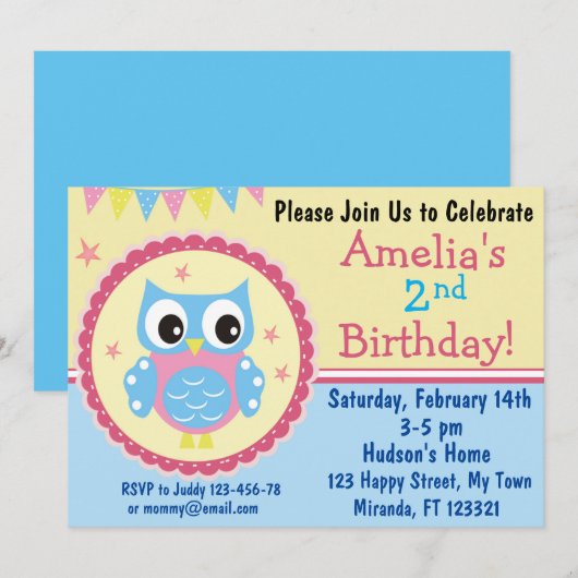 Cute owl verjaardagsuitnodiging kaart (Voorkant / Achterkant)