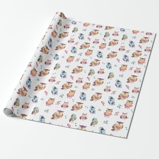 Cute Owl Waterverf Pattern | wit Cadeaupapier (Uitgerold)