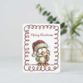 Cute Owl Wearing Santa Hat Holding Candy Cane Feestdagenkaart (Staand voorkant)