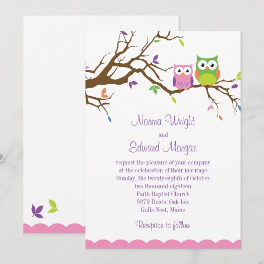 Cute Owl Wedding Invitation Kaart (Voorkant / Achterkant)