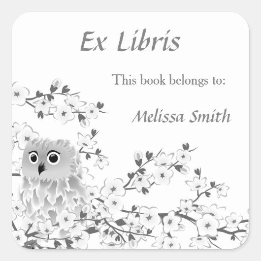 Cute Owl White Grey | Naam Ex Libris toevoegen Vierkante Sticker (Voorkant)