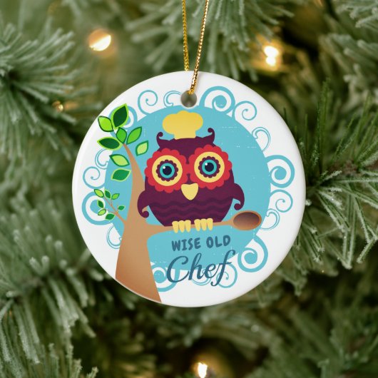 Cute owl wijze oude chef-kok gepersonaliseerd kers keramisch ornament (Boom)