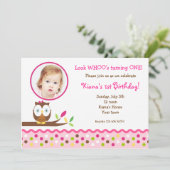 Cute Owl Woodland Foto Birthday Invitations Kaart (Staand voorkant)