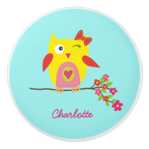 Cute Owl Yellow Pink Flowers Persoonlijke naam