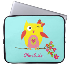Cute Owl Yellow Pink Flowers Persoonlijke naam Laptop Sleeve