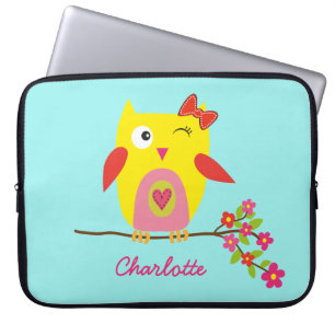 Cute Owl Yellow Pink Flowers Persoonlijke naam Laptop Sleeve