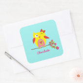 Cute Owl Yellow Pink Flowers Persoonlijke naam Vierkante Sticker (Envelop)