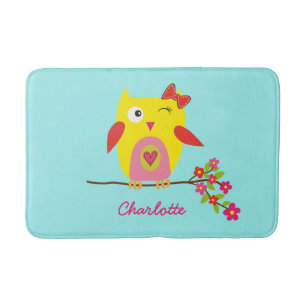 Cute Owl Yellow Pink Illustratie  Badmat