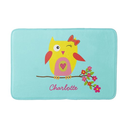 Cute Owl Yellow Pink Illustratie  Badmat (Voorkant)