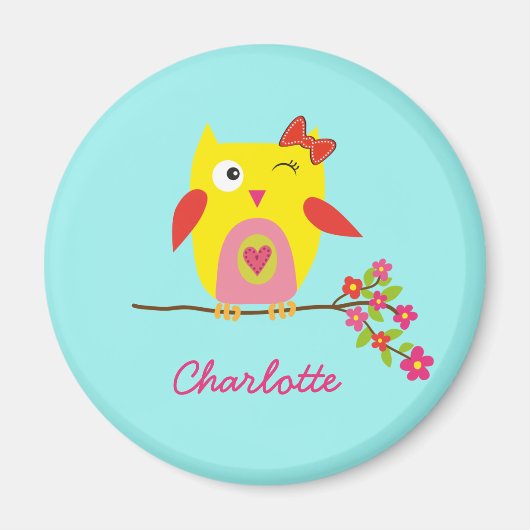 Cute Owl Yellow Pink Illustratie  Magneet (Voorkant)