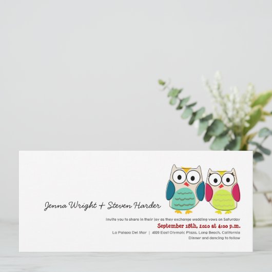 Cute Owls, 4x9 Wedding Invitation Kaart (Staand voorkant)
