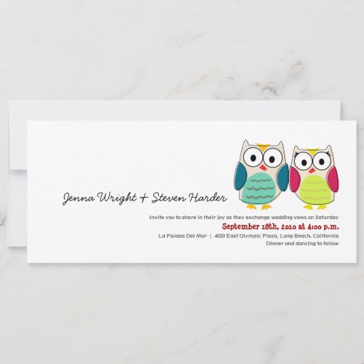 Cute Owls, 4x9 Wedding Invitation Kaart (Voorkant)
