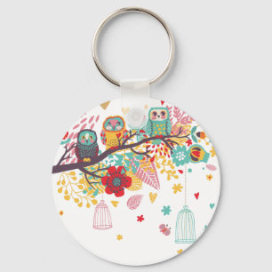Cute Owls and Colorful floral afbeelding backgroun Sleutelhanger