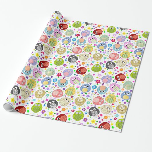 Cute Owls and Flowers Patroon Cadeaupapier (Uitgerold)