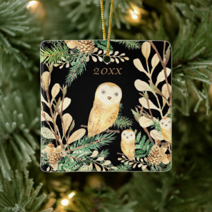Cute Owls Black Pine Waterverf, kerstjaar Keramisch Ornament