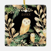Cute Owls Black Pine Waterverf, kerstjaar Keramisch Ornament (Voorkant)