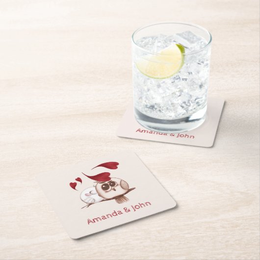 Cute Owls Couple Names Personalized Paper Onderzet Kartonnen Onderzetters (Insitu)