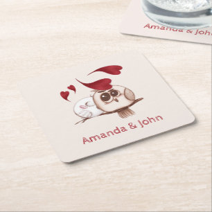 Cute Owls Couple Names Personalized Paper Onderzet Kartonnen Onderzetters