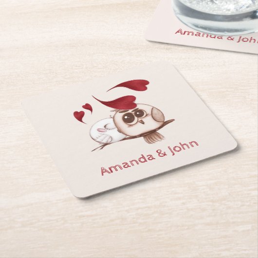Cute Owls Couple Names Personalized Paper Onderzet Kartonnen Onderzetters (Schuin)