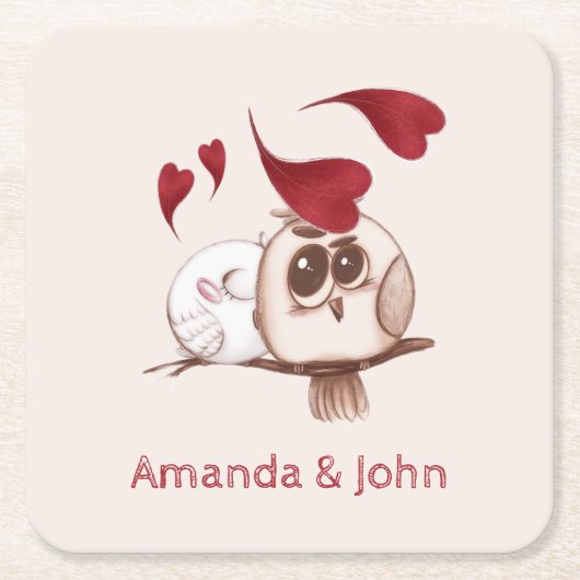 Cute Owls Couple Names Personalized Paper Onderzet Kartonnen Onderzetters (Voorkant)