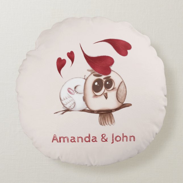 Cute Owls Couple Names Personalized Rond Kussen (Voorkant)