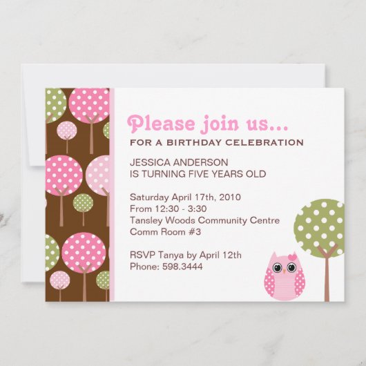 Cute Owls Girls Birthday Party Invitation Kaart (Voorkant)