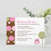 Cute Owls Girls Birthday Party Invitation Kaart (Staand voorkant)