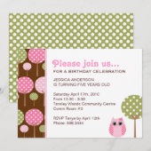 Cute Owls Girls Birthday Party Invitation Kaart (Voorkant / Achterkant)