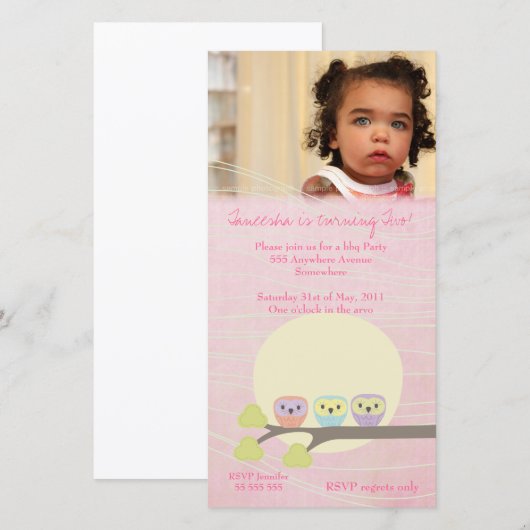 Cute Owls Girls Pink Birthday-fotokaart (Voorkant / Achterkant)