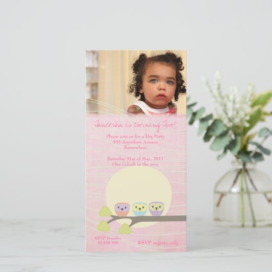 Cute Owls Girls Pink Birthday-fotokaart (Staand voorkant)