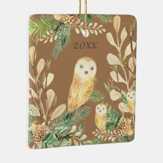 Cute Owls Greenery Pine Waterverf kerstjaar Keramisch Ornament (Rechts)