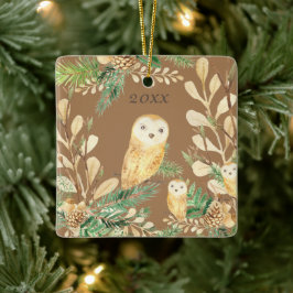 Cute Owls Greenery Pine Waterverf kerstjaar Keramisch Ornament