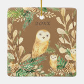 Cute Owls Greenery Pine Waterverf kerstjaar Keramisch Ornament (Achterkant)