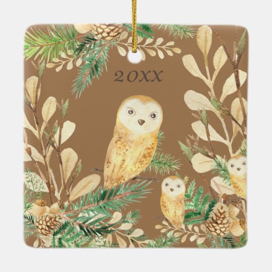 Cute Owls Greenery Pine Waterverf kerstjaar Keramisch Ornament (Achterkant)