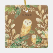 Cute Owls Greenery Pine Waterverf kerstjaar Keramisch Ornament (Voorkant)
