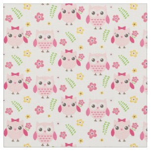 Cute Owls in roze met bloemen en takken Stof