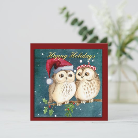 Cute Owls Kerstmis Feestdagenkaart (Staand voorkant)