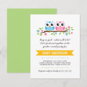 Cute owls op floral branch baby openbaring kaart (Voorkant / Achterkant)