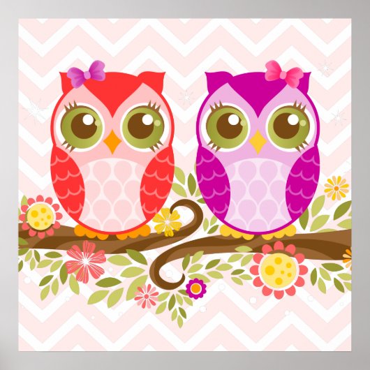 Cute Owls - Roze & Paarse Girls - Wall Poster (Voorkant)