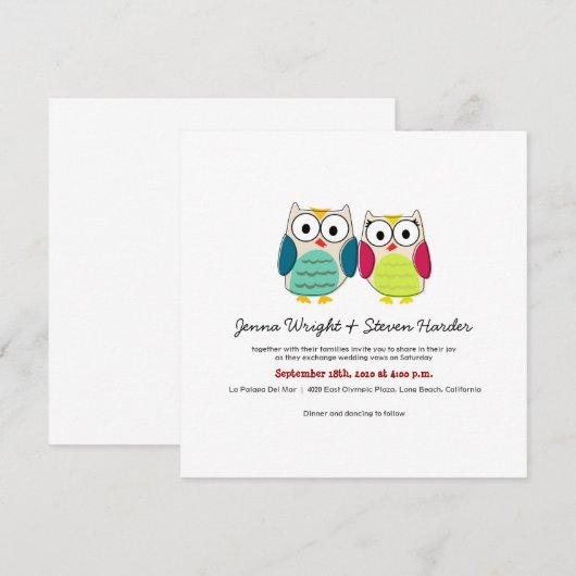 Cute Owls, Square Wedding Invitation Kaart (Voorkant / Achterkant)