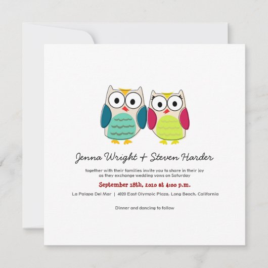Cute Owls, Square Wedding Invitation Kaart (Voorkant)